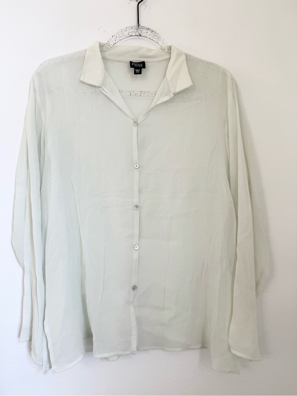 Eileen Fisher Light Green Sheer Silk Textured Long Sleeve Button up Shirt Sz PM